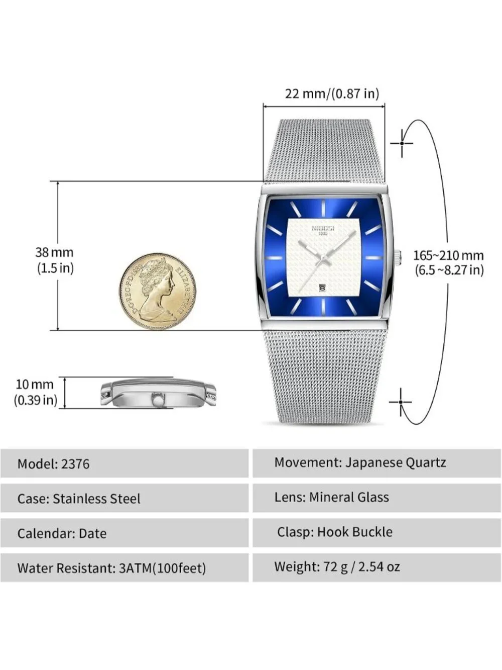 Nibosi Men's Silver Blue Square Analog Quartz Stainless Mesh Waterproof Watch